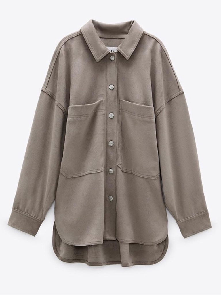 Zara Oversized Faux Suede Shirt In Gray/Taupe